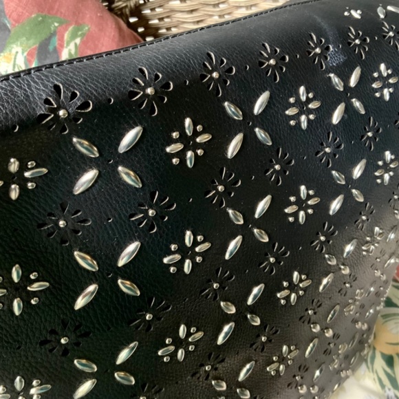 BLACK SIL STUDDED OPENWORK DESIGN BAG/TOTE ⭐️HANDBAG 2 Pc Set NWT ❤️LIGHTWEIGHT - Picture 4 of 7